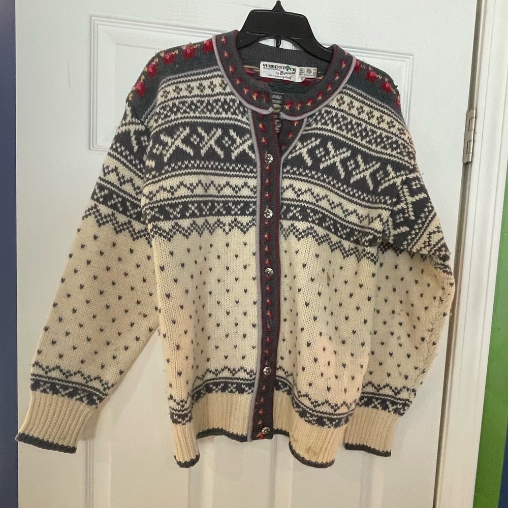 WOODSTOCK by Bernard Vntg Fair Isle Nordic Pure Virgin Wool Cardigan Sweater-38